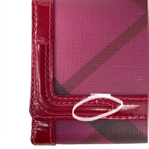 Burberry Nova Plaid Patent Leather Trim Bifold Wallet Magenta and Black